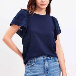 Loft Eyelet Flutter Sleeve Top in Deep Blue, Size XS